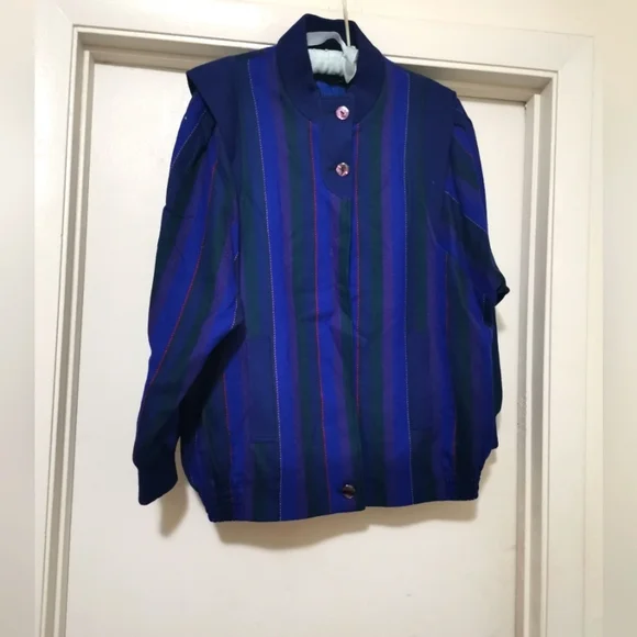 Vintage Avoca Collection Blue Purple Striped 100% Pure New Wool Jacket - Picture 1 of 10